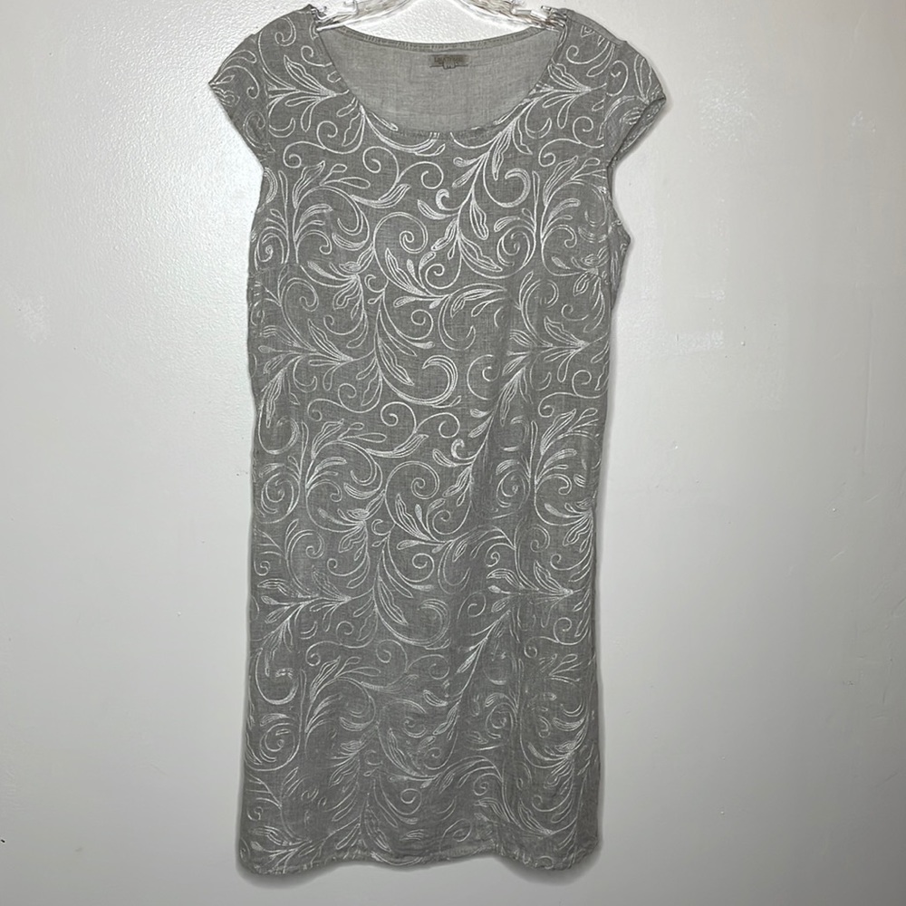 LINA TOMEI Dress Tan Mixed Media Linen & Cotton Embroidered Pockets Medium